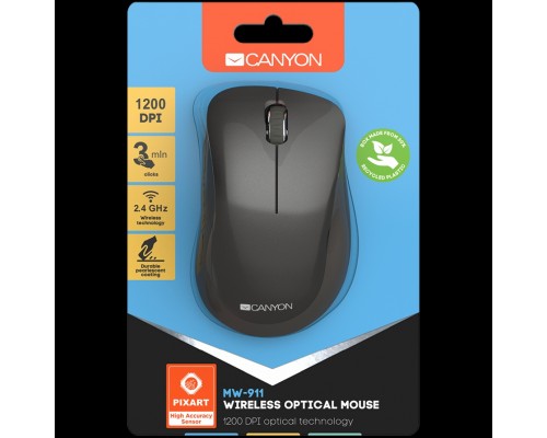 Мышь Canyon  2.4 GHz  Wireless mouse ,with 3 buttons, DPI 1200, Battery:AAA*2pcs,Dark Gray ,67*109*38mm,0.063kg