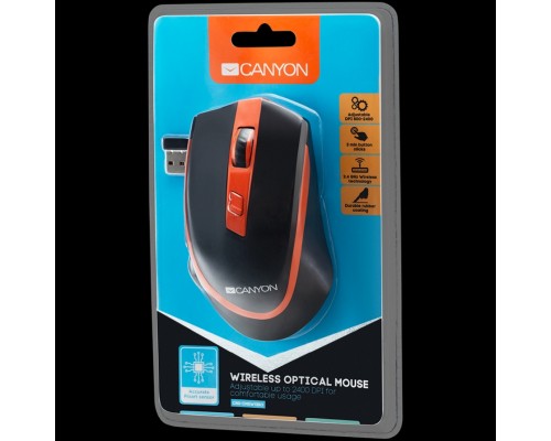 Мышь CANYON MW-13 2.4 GHz Wireless mouse ,with 6 buttons, DPI 800/1200/1600/2000/2400, Battery:AAA*2pcs ,Black-Orange 77.4*120.6*40.5mm 79g,