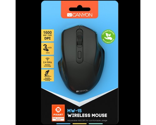 Мышь CANYON 2.4GHz Wireless Optical Mouse with 4 buttons, DPI 800/1200/1600, Black, 115*77*38mm, 0.064kg