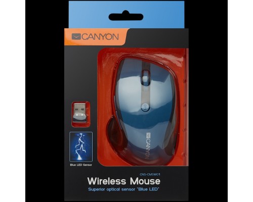 Мышь CANYON MW-01 2.4GHz wireless mouse with 6 buttons, optical tracking - blue LED, DPI 1000/1200/1600, Blue Gray pearl glossy, 113x71x39.5mm, 0.07kg