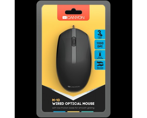 Мышь Canyon Wired  optical mouse with 3 buttons, DPI 1000, with 1.5M USB cable, black, 65*115*40mm, 0.1kg