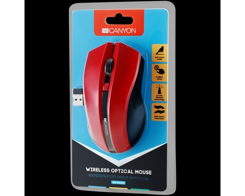 Мышь CANYON MW-5 2.4GHz wireless Optical Mouse with 4 buttons, DPI 800/1200/1600, Red, 122*69*40mm, 0.067kg