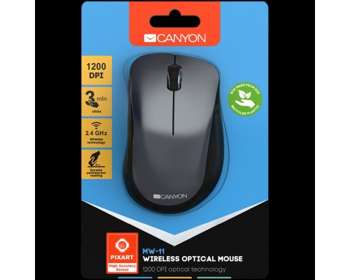 Мышь Canyon  2.4 GHz  Wireless mouse ,with 3 buttons, DPI 1200, Battery:AAA*2pcs,Black,67*109*38mm,0.063kg