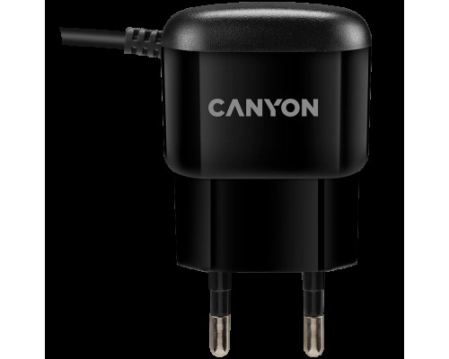 Зарядное устройство CANYON Wall charger with built-in 1m micro-USB cable, Input AC 100-240V(50/60Hz), Output 5.0V/1.0A, EU plug, 42*71*23mm, 0.037g, Black