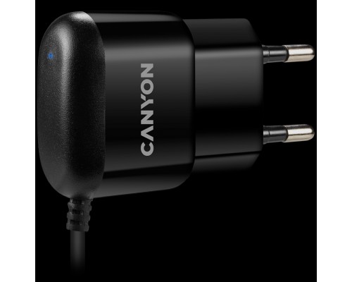 Зарядное устройство CANYON Wall charger with built-in 1m micro-USB cable, Input AC 100-240V(50/60Hz), Output 5.0V/1.0A, EU plug, 42*71*23mm, 0.037g, Black