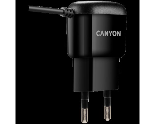 Зарядное устройство CANYON Wall charger with built-in 1m micro-USB cable, Input AC 100-240V(50/60Hz), Output 5.0V/1.0A, EU plug, 42*71*23mm, 0.037g, Black