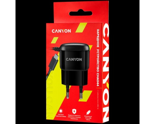 Зарядное устройство CANYON Wall charger with built-in 1m micro-USB cable, Input AC 100-240V(50/60Hz), Output 5.0V/1.0A, EU plug, 42*71*23mm, 0.037g, Black