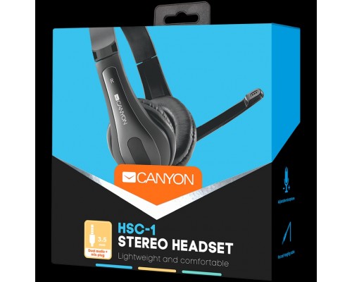 Гарнитура CANYON HSC-1 basic PC headset with microphone, combined 3.5mm plug, leather pads, Flat cable length 2.0m, 160*60*160mm, 0.13kg, Black