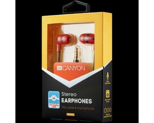 Гарнитура CANYON SEP-4 Stereo earphone with microphone, 1.2m flat cable, Red, 22*12*12mm, 0.013kg