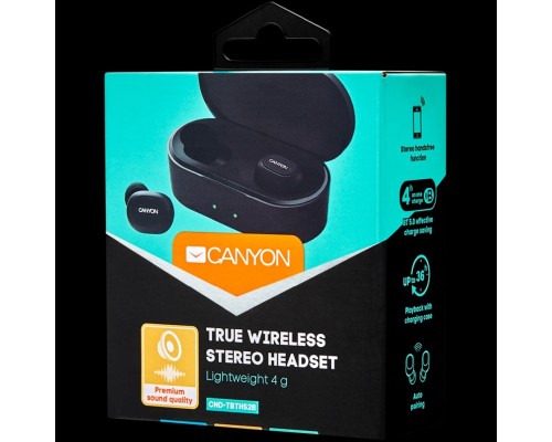 Гарнитура Canyon TWS-2 Bluetooth sport headset, with microphone, BT V5.0, RTL8763BFR, battery EarBud 43mAh*2+Charging Case 800mAh, cable length 0.18m, 78*38*32mm, 0.063kg, Black