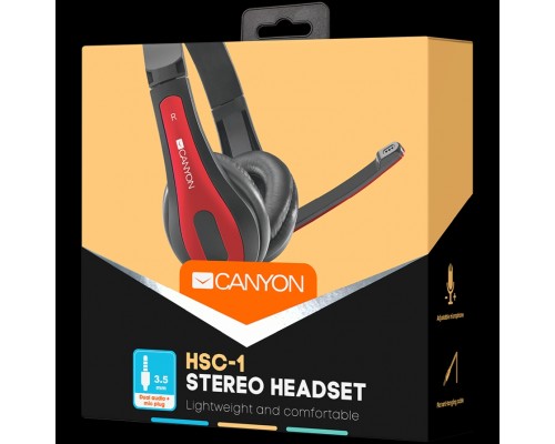 Гарнитура CANYON HSC-1 basic PC headset with microphone, combined 3.5mm plug, leather pads, Flat cable length 2.0m, 160*60*160mm, 0.13kg, Black-red