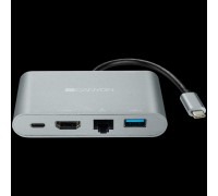 Концентратор CANYON DS-4 Multiport Docking Station with 5 ports: 1*Type C male+1*HDMI+1*RJ45+2*USB3.0, Input 100-240V, Output USB-C PD 60W&USB-A 5V/1A, cabel length 0.11m, Rubber coating, Space grey, 93*54*17mm, 0.075kg                               