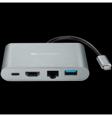 Концентратор CANYON DS-4 Multiport Docking Station with 5 ports: 1*Type C male+1*HDMI+1*RJ45+2*USB3.0, Input 100-240V, Output USB-C PD 60W&USB-A 5V/1A, cabel length 0.11m, Rubber coating, Space grey, 93*54*17mm, 0.075kg                               