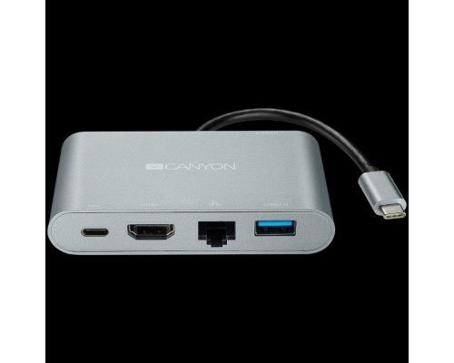 Концентратор CANYON DS-4 Multiport Docking Station with 5 ports: 1*Type C male+1*HDMI+1*RJ45+2*USB3.0, Input 100-240V, Output USB-C PD 60W&USB-A 5V/1A, cabel length 0.11m, Rubber coating, Space grey, 93*54*17mm, 0.075kg