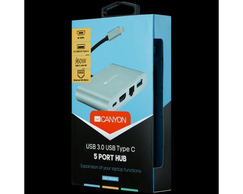 Концентратор CANYON DS-4 Multiport Docking Station with 5 ports: 1*Type C male+1*HDMI+1*RJ45+2*USB3.0, Input 100-240V, Output USB-C PD 60W&USB-A 5V/1A, cabel length 0.11m, Rubber coating, Space grey, 93*54*17mm, 0.075kg