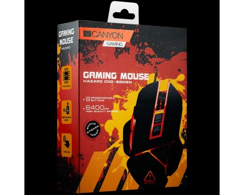 Мышь CANYON Hazard GM-6 Optical gaming mouse, adjustable DPI setting 800/1600/2400/3200/4800/6400, LED backlight, moveable weight slot and retractable top cover for comfortable usage, Black rubber, cable length 1.70m, 137*90*42mm, 0.154kg(replacement