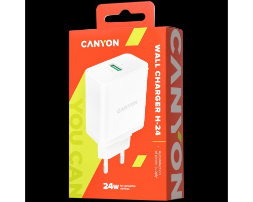 Адаптер питания Canyon, Wall charger with 1*USB, QC3.0 24W, Input: 100V-240V, Output: DC 5V/3A,9V/2.67A,12V/2A, Eu plug, Over-load,  over-heated, over-current and short circuit protection, CE, RoHS ,ERP. Size:89*46*26.5 mm,58g, White