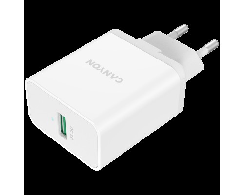 Адаптер питания Canyon, Wall charger with 1*USB, QC3.0 24W, Input: 100V-240V, Output: DC 5V/3A,9V/2.67A,12V/2A, Eu plug, Over-load,  over-heated, over-current and short circuit protection, CE, RoHS ,ERP. Size:89*46*26.5 mm,58g, White