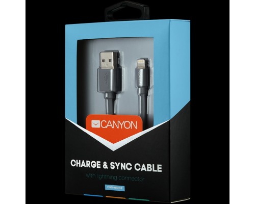 Кабель USB CANYON MFI-2 Charge & Sync MFI flat cable, USB to lightning, certified by Apple, 1m, 0.28mm, Dark gray