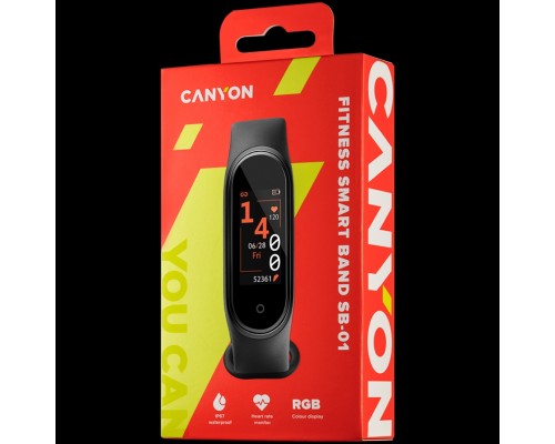 Смарт-часы CANYON SB-01 Smart band, colorful 0.96inch LCD, IP67, heart rate monitor, 90mAh, multisport mode, compatibility with iOS and android, Black, host: 47*18*11mm, strap: 245*16mm, 19.8g