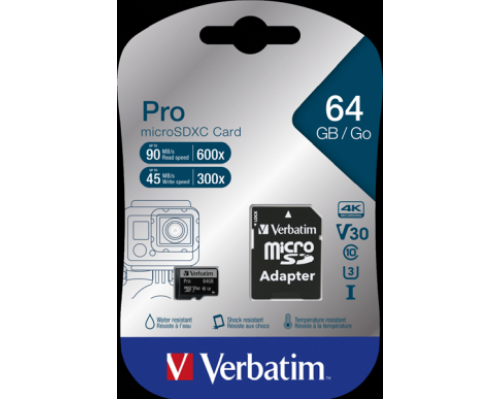 Карта памяти Verbatim micro Secure Digital Card microSDXC PRO UHS-I Class 10 64Gb inc adapter