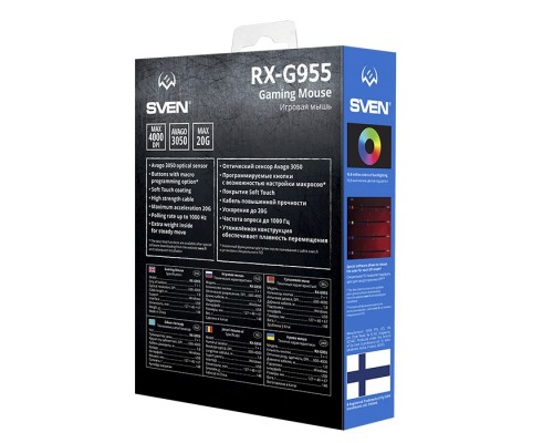 Мышь Sven RX-G955 оптическая, проводная, 4000 dpi, USB, Avago 3050, подсветка RGB, цвет  черный