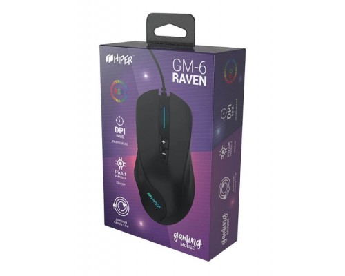 Мышь HIPER RAVEN GM-6 проводная, оптическая, 5000 dpi, USB, PixArt PAW3519, 7 кнопок, подсветка 7 цветов, цвет  черный