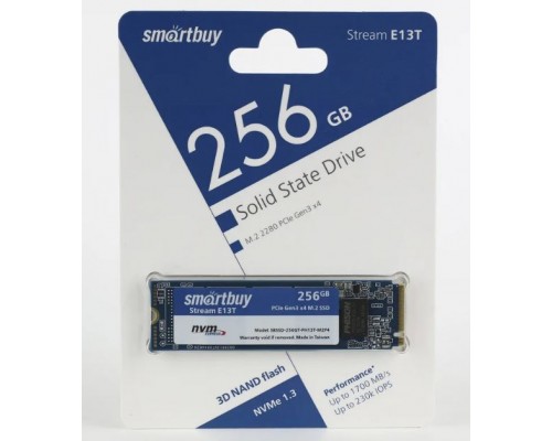 Твердотельный накопитель Smartbuy E13T SBSSD-256GT-PH13T-M2P4 SSD, M.2, 256GB, PCI-E x4, чтение  1700 Мб/сек, запись  1150 Мб/сек, TLC, NVMe