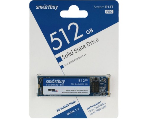 Твердотельный накопитель Smartbuy Stream E13T Pro SBSSD-512GT-PH13P-M2P4 SSD, M.2, 512GB, PCI-Ex4, чтение  2500 Мб/сек, запись  2100 Мб/сек, TLC, NVMe