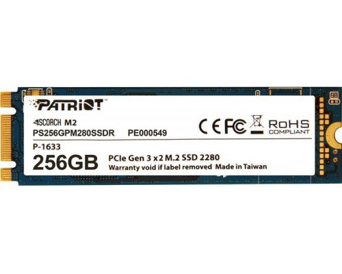 Твердотельный накопитель Patriot Scorch PS256GPM280SSDR SSD, M.2, 256Gb, PCI-E x2, чтение  1900 Мб/сек, запись  780 Мб/сек, TLC 3D, TRIM, буфер  256 Мб