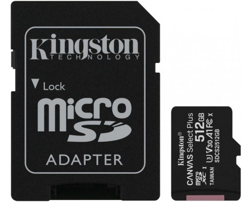 Карта памяти Kingston Canvas Select Plus SDCS2/512GB Class10, 512Gb, microSDXC, UHS-I U3 V30 A1, с адаптером