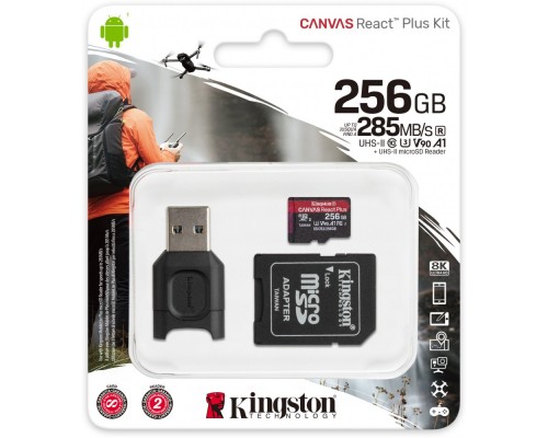 Карта памяти Kingston microSDXC 256Gb MLPMR2/256GB UHS-II Class U3 V30 A2, чтение  285 Мб/с, с адаптером и USB-ридером