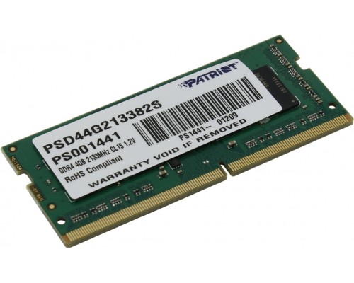 Оперативная память 4GB Patriot Signature PSD44G213382S DDR4, 2133 MHz, 17000 Мб/с, CL15, 1.2 В (SO-DIMM)