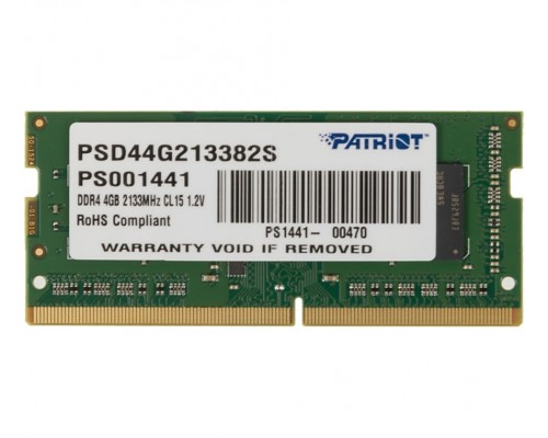 Оперативная память 4GB Patriot Signature PSD44G213382S DDR4, 2133 MHz, 17000 Мб/с, CL15, 1.2 В (SO-DIMM)