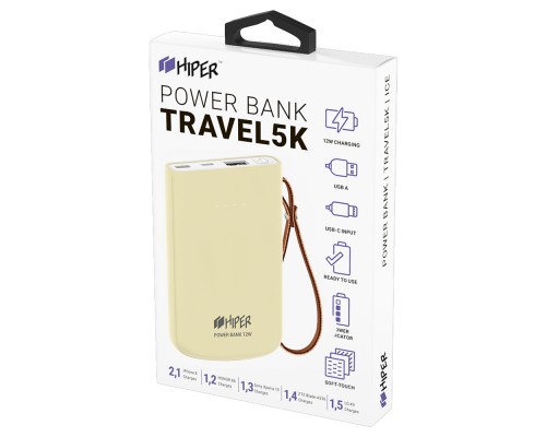 Внешний аккумулятор HIPER Travel5k Lemon 5000 мАч, USB/microUSB/USB Type-C, 2.1 А, 12 В, индикатор заряда, светло-лимонный