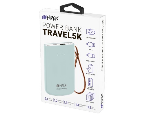 Внешний аккумулятор HIPER Travel5k Ice 5000 мАч, USB/microUSB/USB Type-C, 2.1 А, 12 В, индикатор заряда, голубой