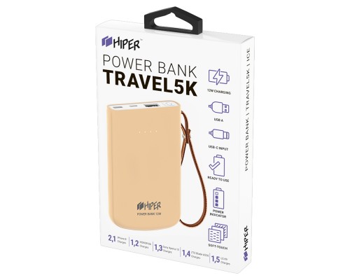 Внешний аккумулятор HIPER Travel5k Peach 5000 мАч, USB/microUSB/USB Type-C, 2.1 А, 12 В, индикатор заряда, персиковый