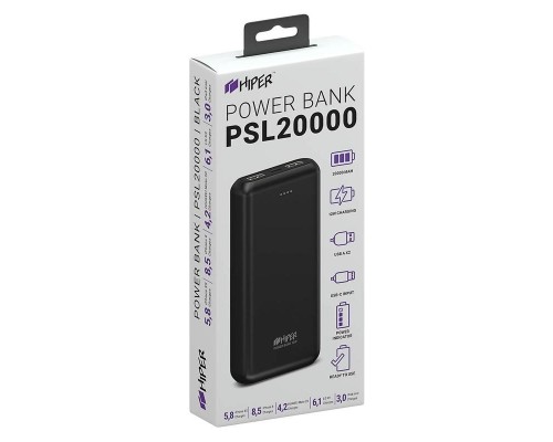 Внешний аккумулятор HIPER PSL20000 Black 20000 мАч, USB/microUSB/USB Type-C, 2.4 А, 2.1 А, 2 А, 5 В, индикатор заряда, черный