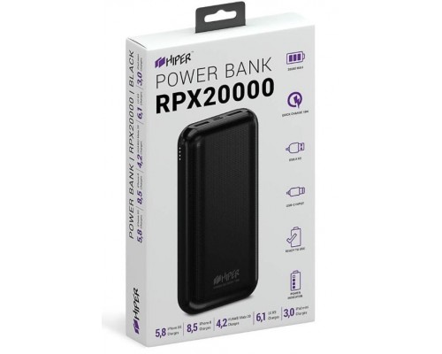 Внешний аккумулятор HIPER RPX20000 Black 20000 мАч, USB 1 - 2100 мА, USB 2 - 3000 мА, USB-C 5В-12В-18В QC/PD, индикатор заряда, черный