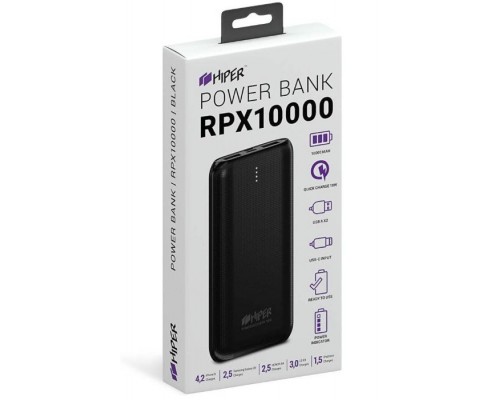 Внешний аккумулятор HIPER RPX10000 Black 10000 мАч, USB 1 - 2100 мА, USB 2 - 3000 мА, USB-C 5В-12В-18В QC/PD, индикатор заряда, черный