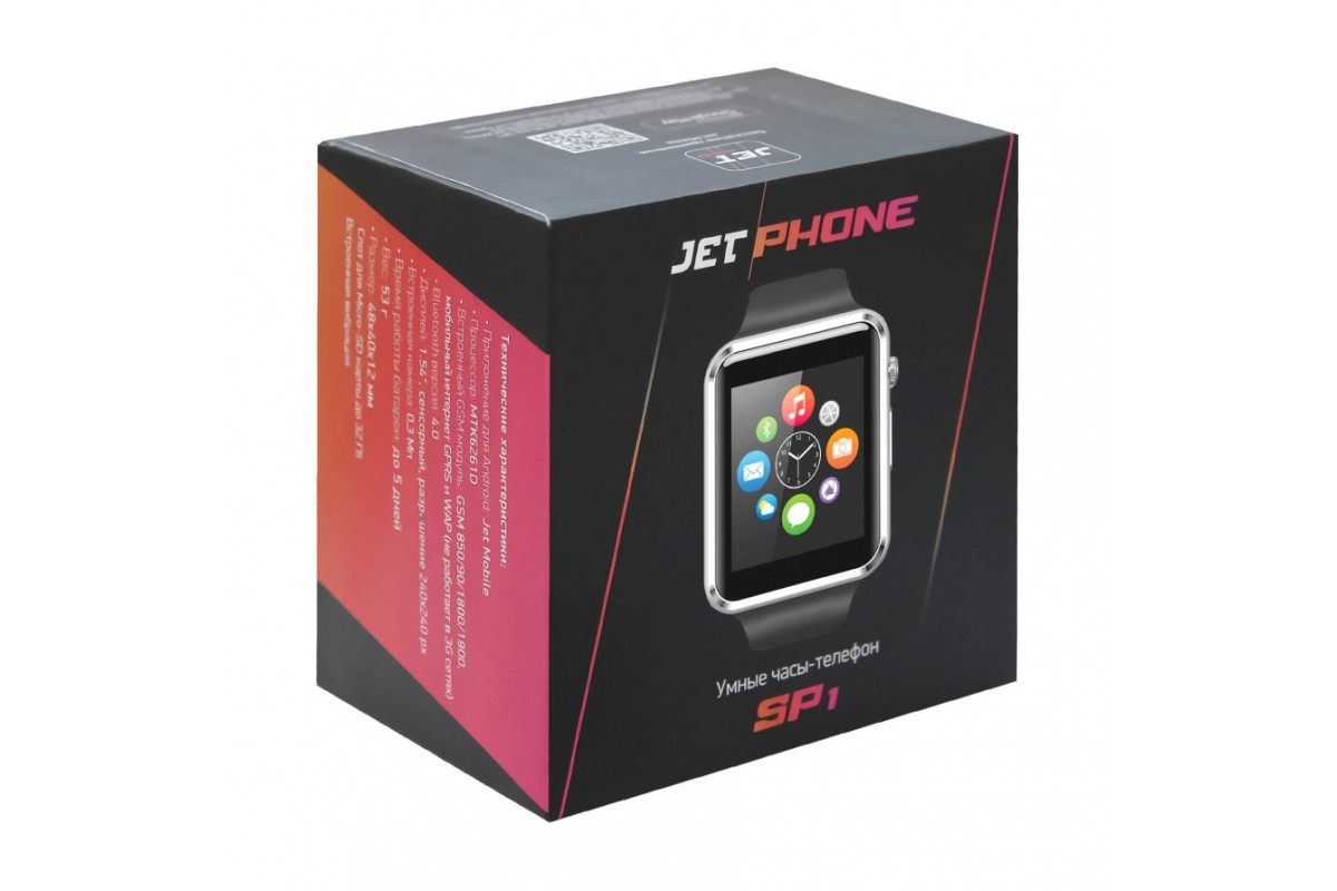 JET SP1 BLACK Умные часы JET PHONE SP1 черный, сенсорный TFT IPS 1.54