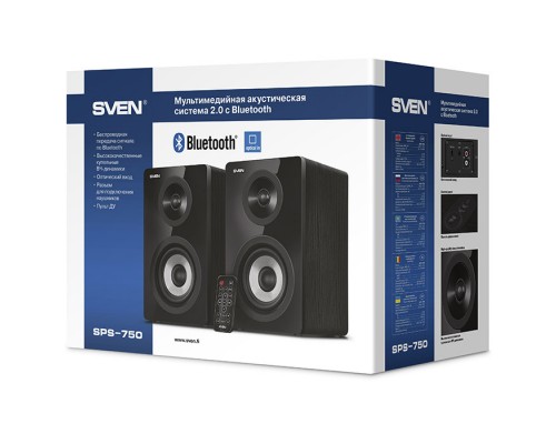 Колонки Sven SPS-750 стерео, 2.0, 40-25000 Гц, 50 Вт, Bluetooth, сеть 220 В, пульт ДУ, разъем для наушников, MDF черный