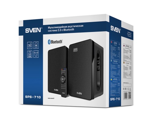 Колонки Sven SPS-710 2.0, стерео, 40-22000 Гц, 40 Вт, Bluetooth, USB/SD, FM-радио, пульт ДУ, будильник, цвет  MDF черный