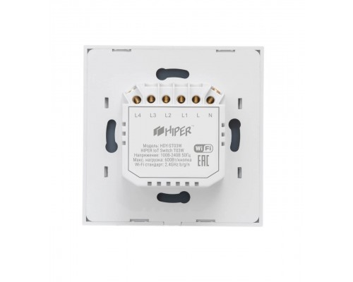 Умный WiFi выключатель HIPER IoT Switch T03W встраиваемый, 2.4 ГГц, 802.11 b/g/n, 100-240В, 50Гц, 150/600Вт, до 150 LED ламп, до 600 ламп накаливания, 3 сенс.кнопки, белый