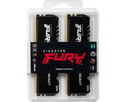 Модуль памяти KINGSTON Fury Beast Gaming DDR4 Общий объём памяти 16Гб Module capacity 8Гб Количество 2 3200 МГц Радиатор Множитель частоты шины 16 1.35 В RGB черный KF432C16BBAK2/16