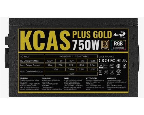 Блок питания Aerocool KCAS PLUS GOLD 750W 750W, ATX v2.4, APFC, Fan ARGB 12cm, 80+ Gold, Retail