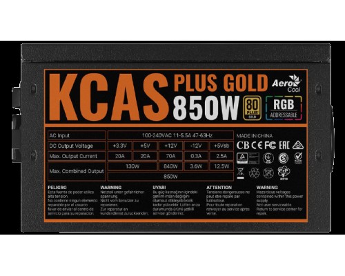 Блок питания Aerocool KCAS PLUS GOLD 850W 850W, ATX v2.4, APFC, Fan ARGB 12cm, 80+ Gold, Retail