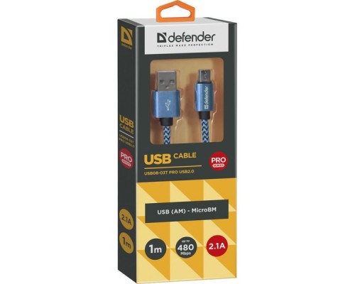 Кабель USB2.0 TO MICRO-USB 1M BLUE USB08-03T 87805 DEFENDER