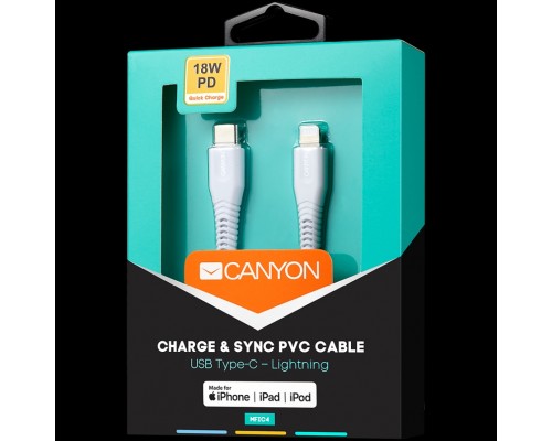 Кабель CANYON MFI-4 Type C Cable To MFI Lightning for Apple, PVC Mouling,Function: with full feature( data transmission and PD charging) Output:5V/2.4A, OD:3.5mm, cable length 1.2m, 0.026kg,Color:White