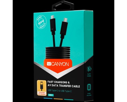 Кабель CANYON UC-9 Type C USB3.1 standard cable, PD3.0 100W, with full feature(video, audio, data transmission and PD charging), OD 4.8mm, cable length 1m, Black, 13*9*1000mm, 0.043kg